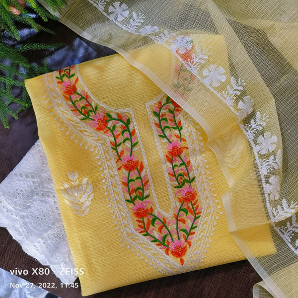 Pure Kota Doriya Embroidery Work Unstitched Suit With Chikankari Bottom.