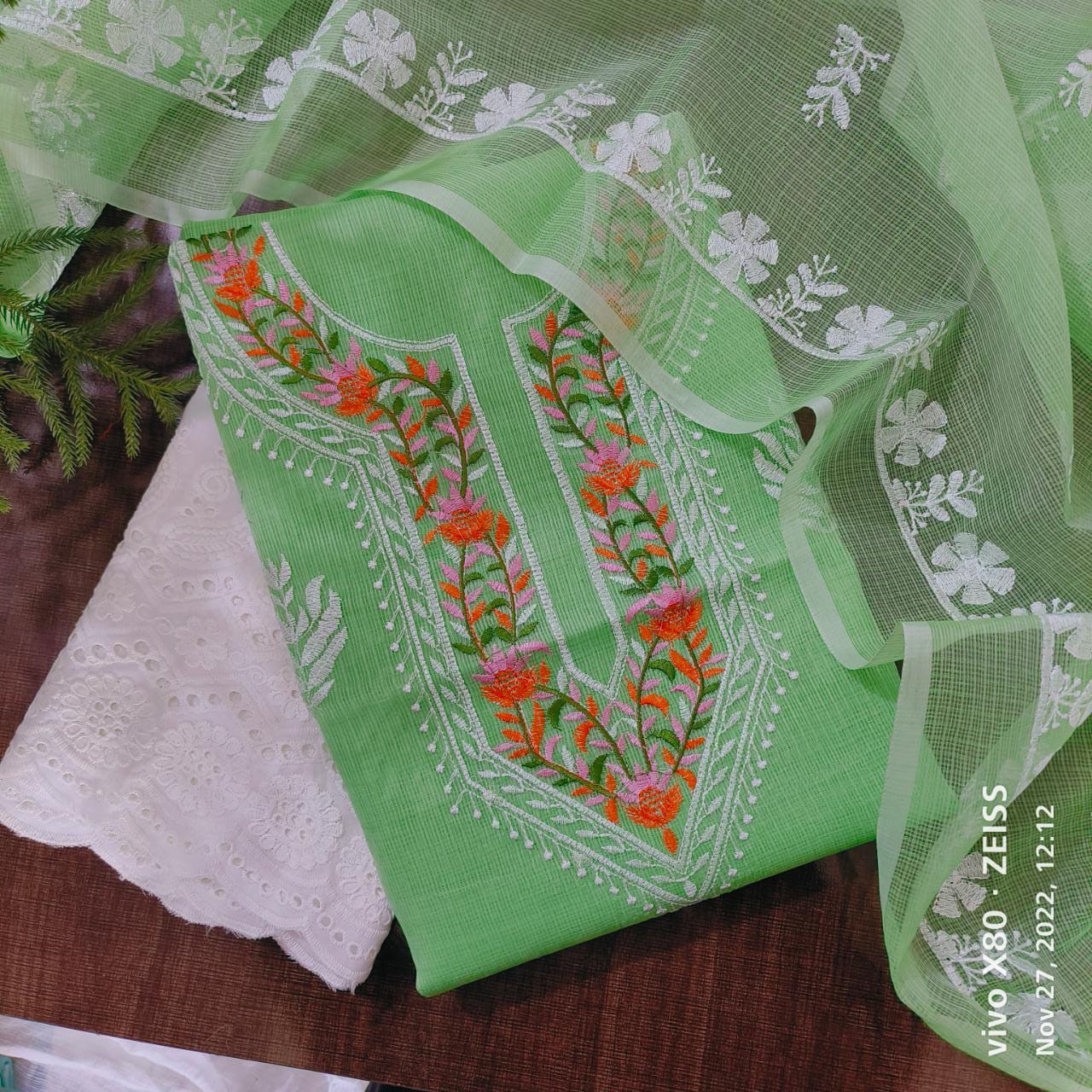 Pure Kota Doriya Embroidery Work Unstitched Suit With Chikankari Bottom.