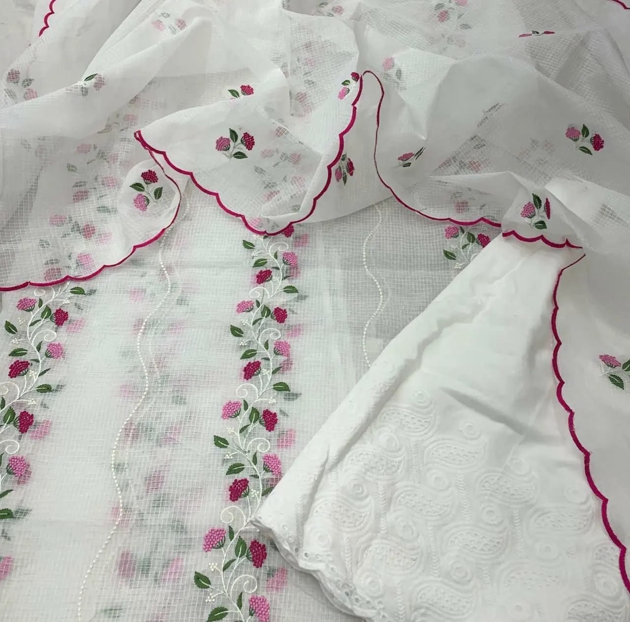 Pure Kota Doriya Embroidery Unstitched Suit With Dupatta (With Bottom )