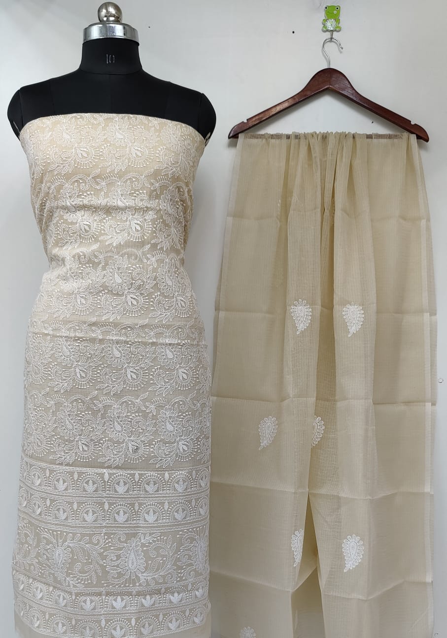 Pure Kota Doriya Embroidery Unstitched Suit With Dupatta (Without Bottom )