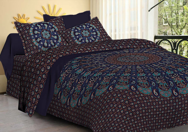 Pure Cotton Hand Block Mandana Print King Size Bedsheet With Two Pillow Covers (90X108)