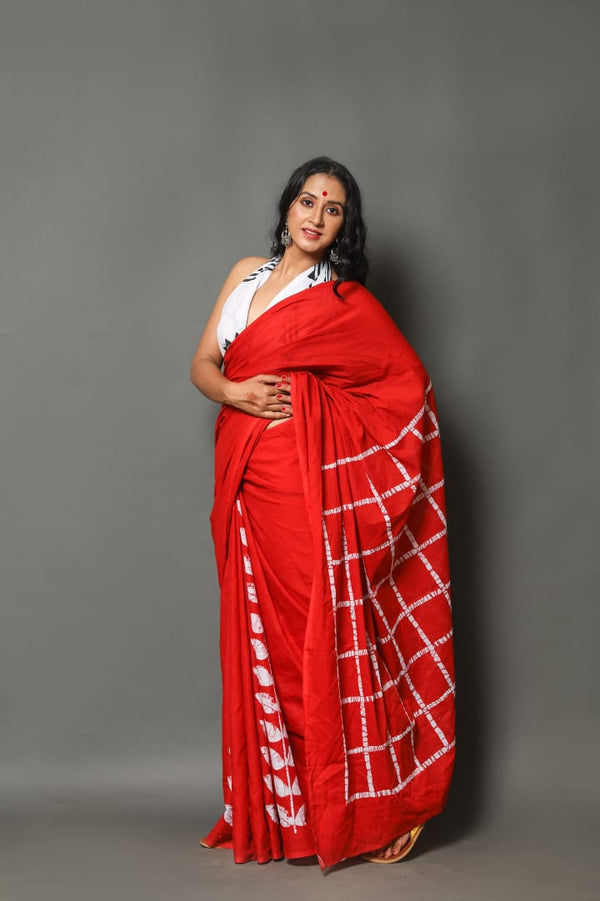 Pure Hand Printed Cotton Sarees With Blouse
