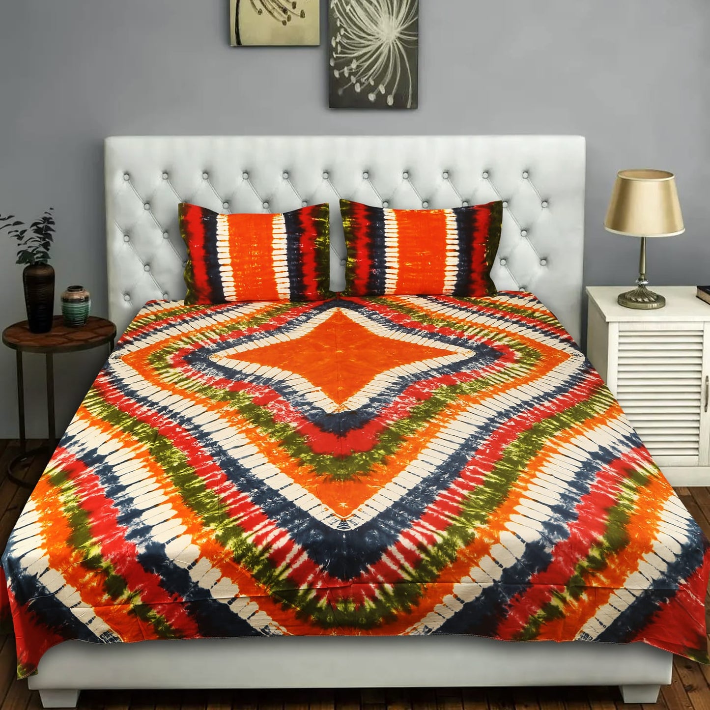 Pure Cotton Hand Made Tie & Dye King Size Double Bedsheet With Two Pillow Cover.(90X108)