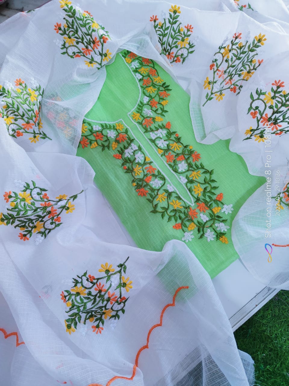 Pure Kota Doriya Embroidery Unstitched Suit With Dupatta (Without Bottom )