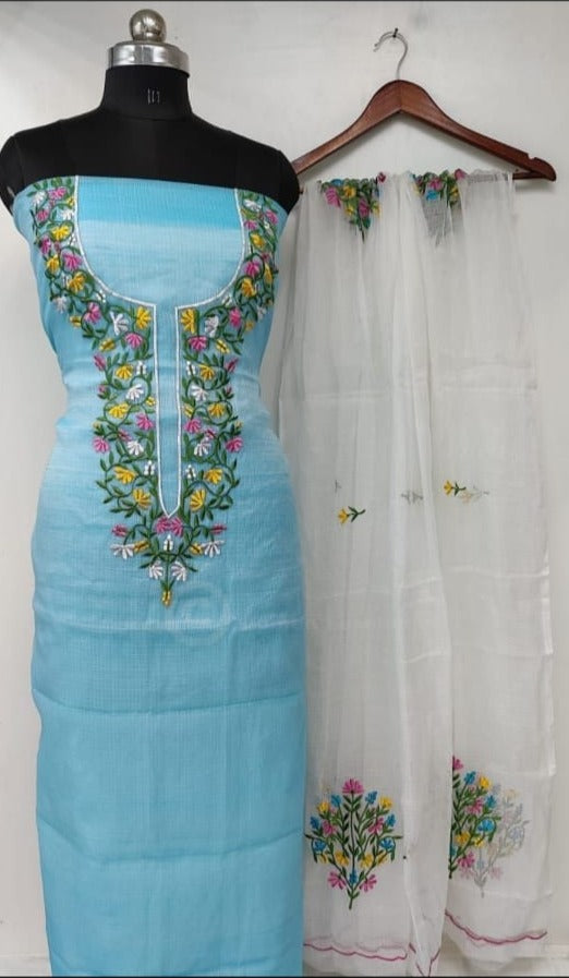 Pure Kota Doriya Embroidery Unstitched Suit With Dupatta (Without Bottom )