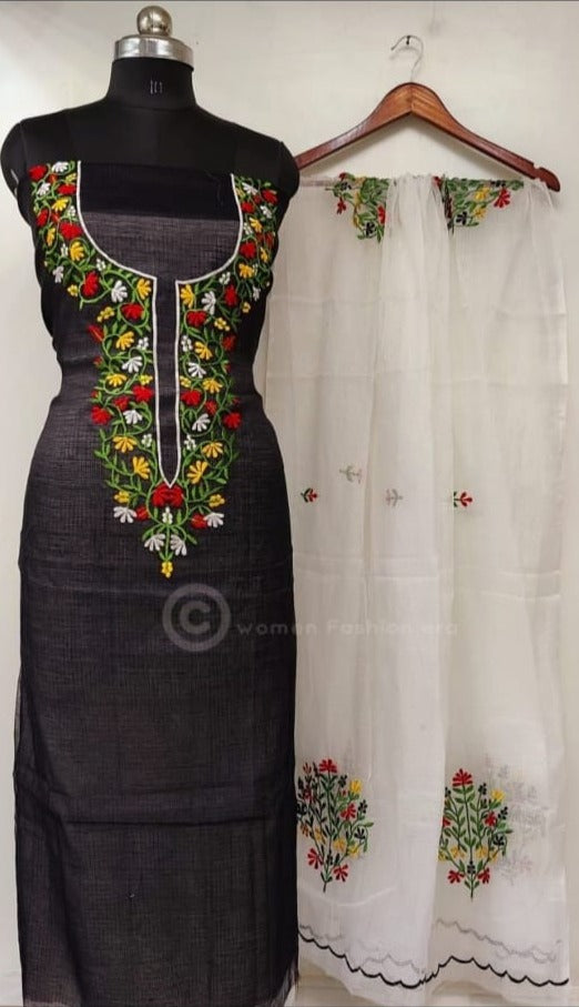 Pure Kota Doriya Embroidery Unstitched Suit With Dupatta (Without Bottom )