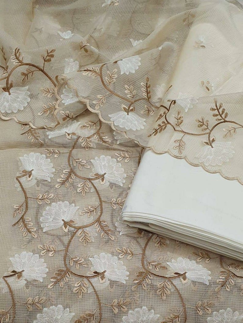 Pure Kota Doriya Embroidery Unstitched Suit With Dupatta (With Bottom )