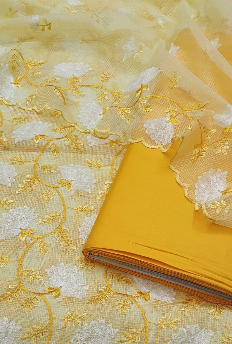 Pure Kota Doriya Embroidery Unstitched Suit With Dupatta (With Bottom )