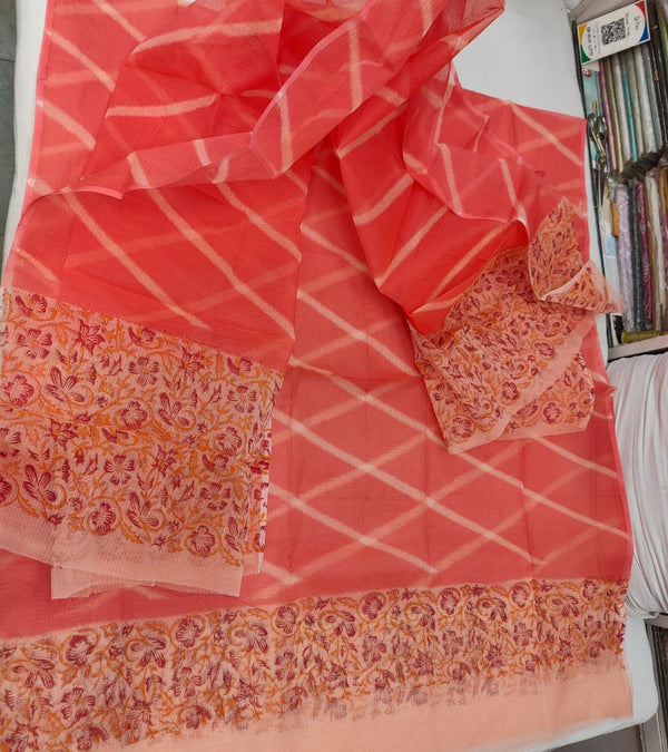 Pure Kota Doriya Lehriya With Hand Block Print Unstitched Suit With Dupatta (Without Bottom )