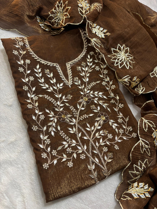 Premium Crush tissue  Unstitched Suit Zardogi Work With Gota Patti Duptta