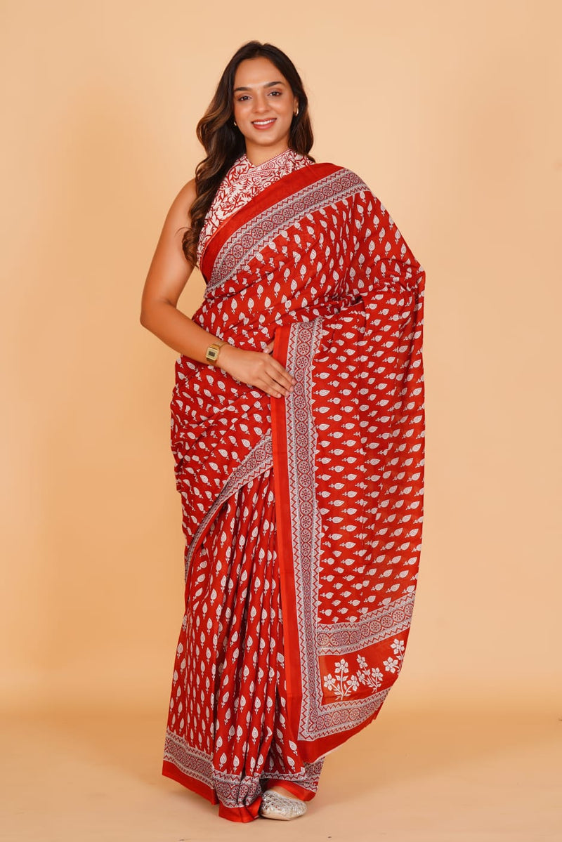 Pure Hand Printed Cotton Sarees With Blouse
