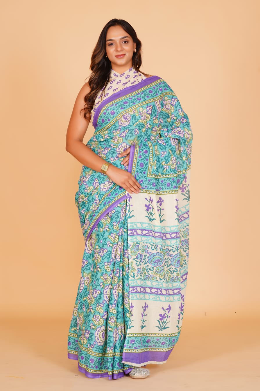 Pure Hand Printed Cotton Sarees With Blouse
