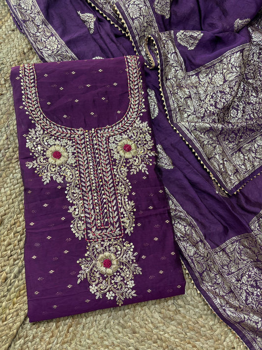 Rich Modal Chanderi With Jacquard Booties Unstitched Suit with Zardogi Work with Dupatta (Copy)
