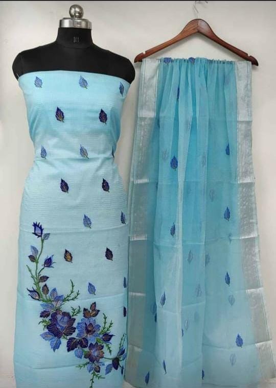 Pure Kota Doriya Embroidery Unstitched Suit With Dupatta & Bottom