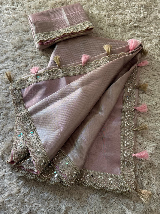 Tissue Silk Saree with Stripe Work and Moti Border