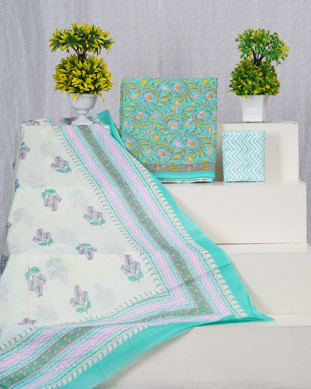 Pure Cotton Jaipuri Hand Block Print Unstitched Suit With Mul Cotton Dupatta.