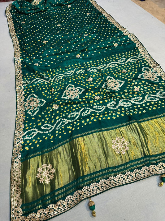Pure Hand Bandhej Gajji Silk Saree Gota Patti Work With Hand Work Blouse.