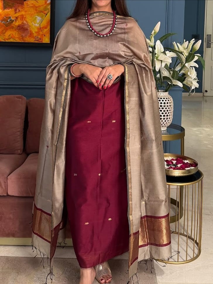 Pure Maheswari Silk Cotton Handwoven Unstitch Suit With  Buti