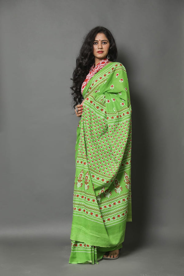 Pure Hand Printed Cotton Sarees With Blouse