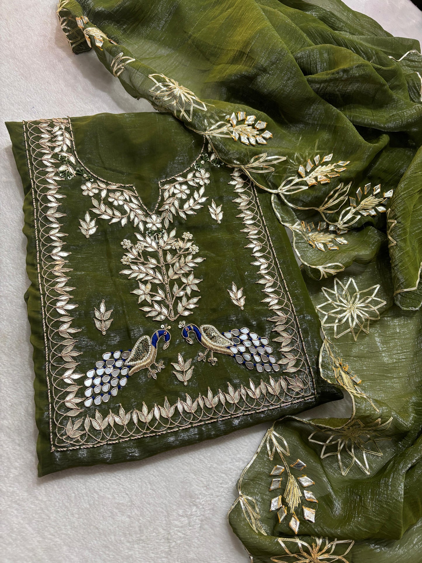 Premium Crush tissue  Unstitched Suit Zardogi Work With Gota Patti Duptta