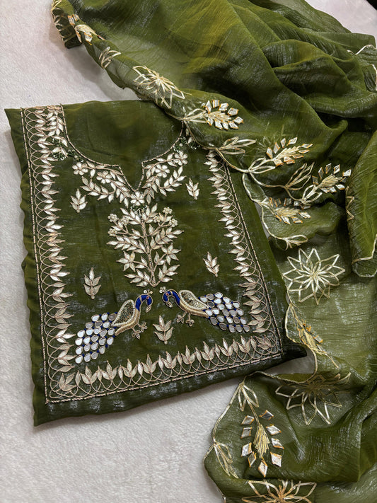 Premium Crush tissue  Unstitched Suit Zardogi Work With Gota Patti Duptta