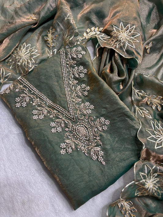 Premium Crush tissue  Unstitched Suit Zardogi Work With Gota Patti Duptta