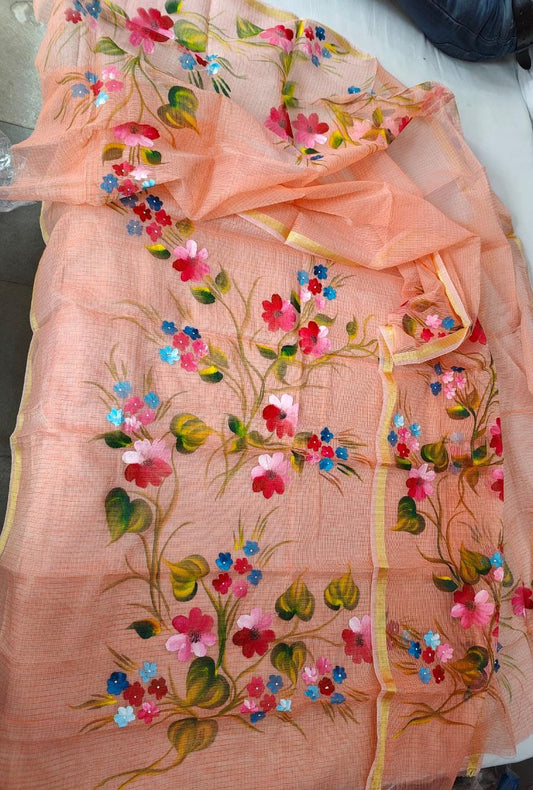 Pure Kota Doriya Hand Brush Print Unstitched Suit With Dupatta & Bottom