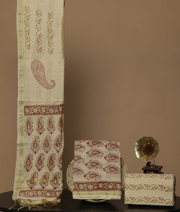 Pure Hand Block Chanderi Silk Unstitched Suit With Chanderi Dupatta