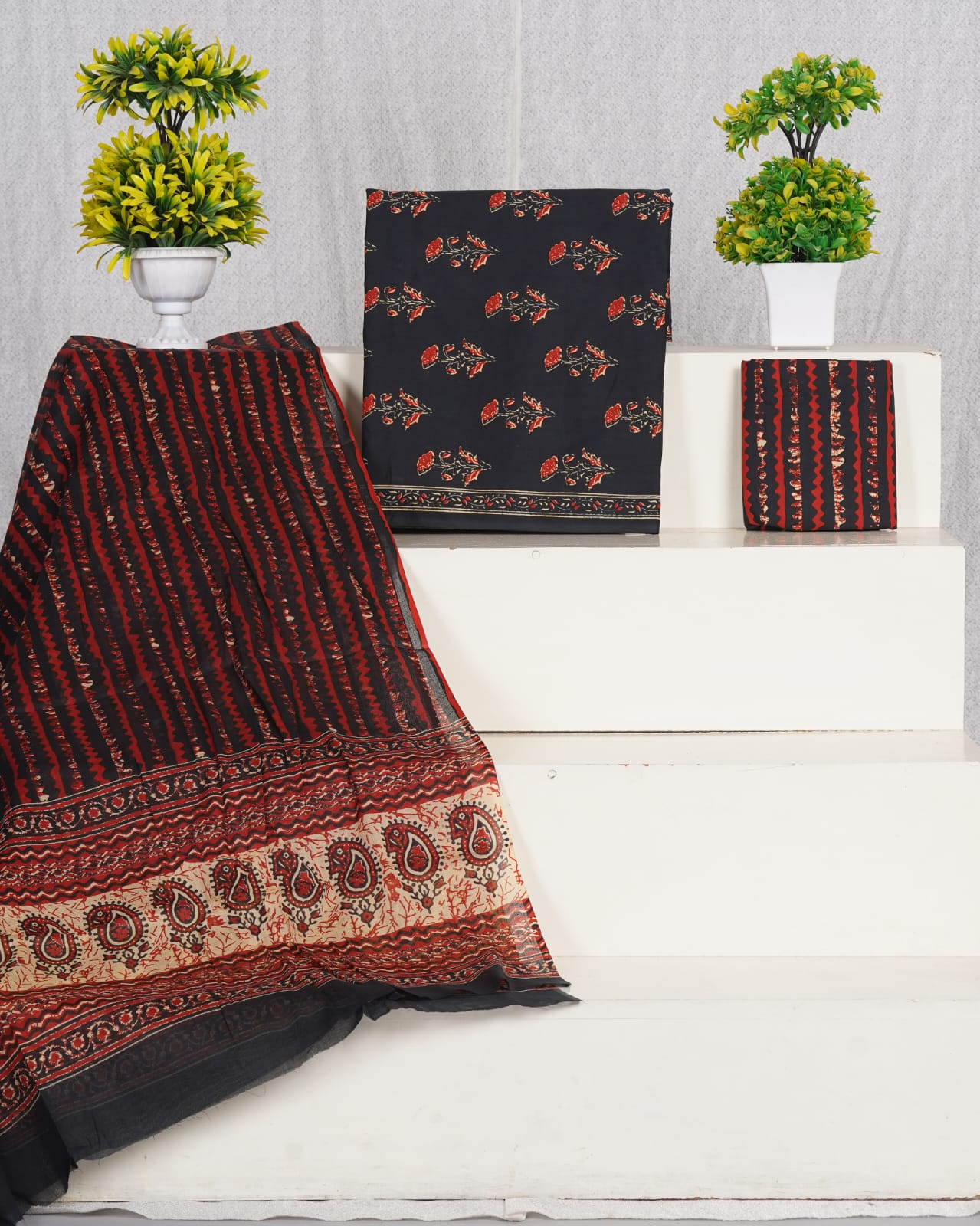 Pure Cotton Jaipuri Hand Block Print Unstitched Suit With Mul Cotton Dupatta.