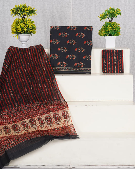 Pure Cotton Jaipuri Hand Block Print Unstitched Suit With Mul Cotton Dupatta.