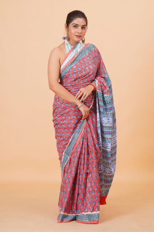 Pure Hand Block Printed Cotton Sarees With Blouse
