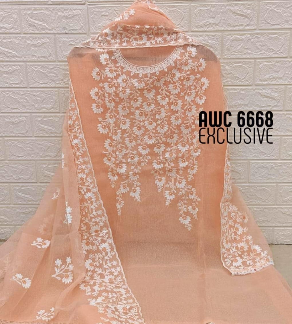 Pure Kota Doriya Embroidery Work Unstitched Suit With Bottom.