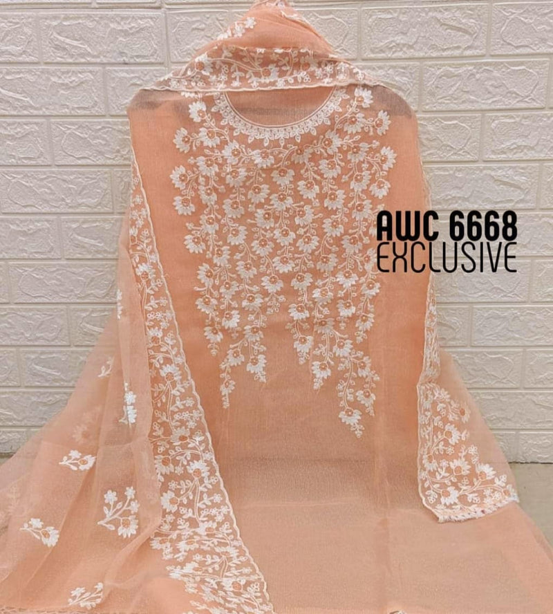 Pure Kota Doriya Embroidery Work Unstitched Suit With Bottom.