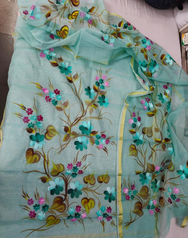 Pure Kota Doriya Hand Brush Print Unstitched Suit With Dupatta & Bottom