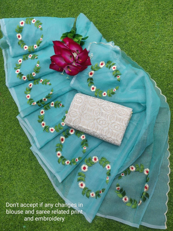 Pure Kota Doriya Cotton Embroidery Work Saree With Blouse