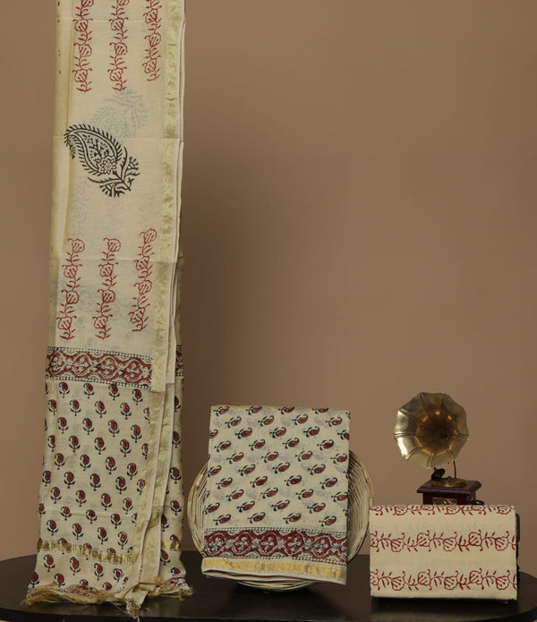 Pure Hand Block Chanderi Silk Unstitched Suit With Chanderi Dupatta