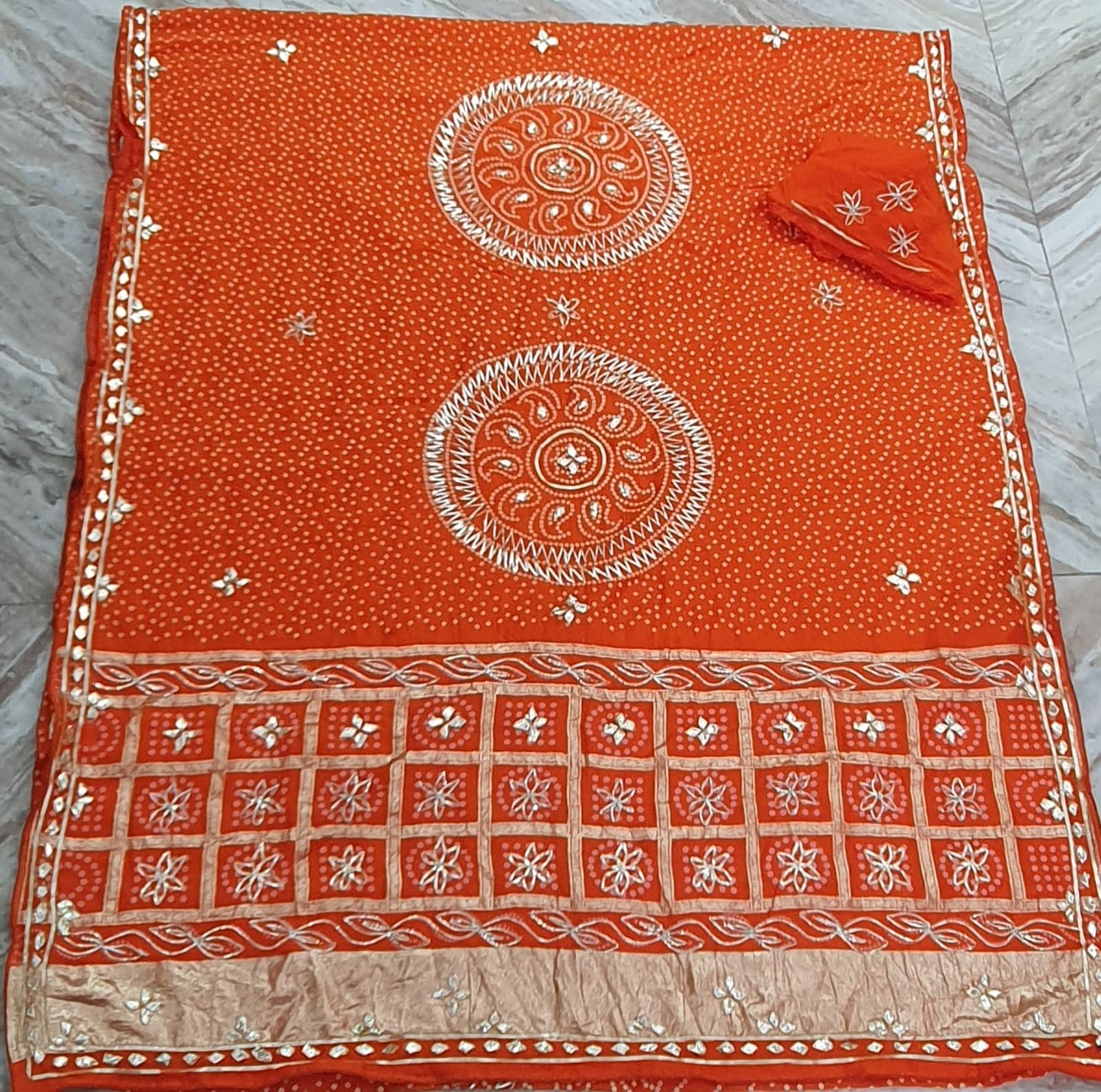 Pure Hand Bandhej Gajji Silk Saree Kachi  Gota Patti Work With Hand Work Blouse.