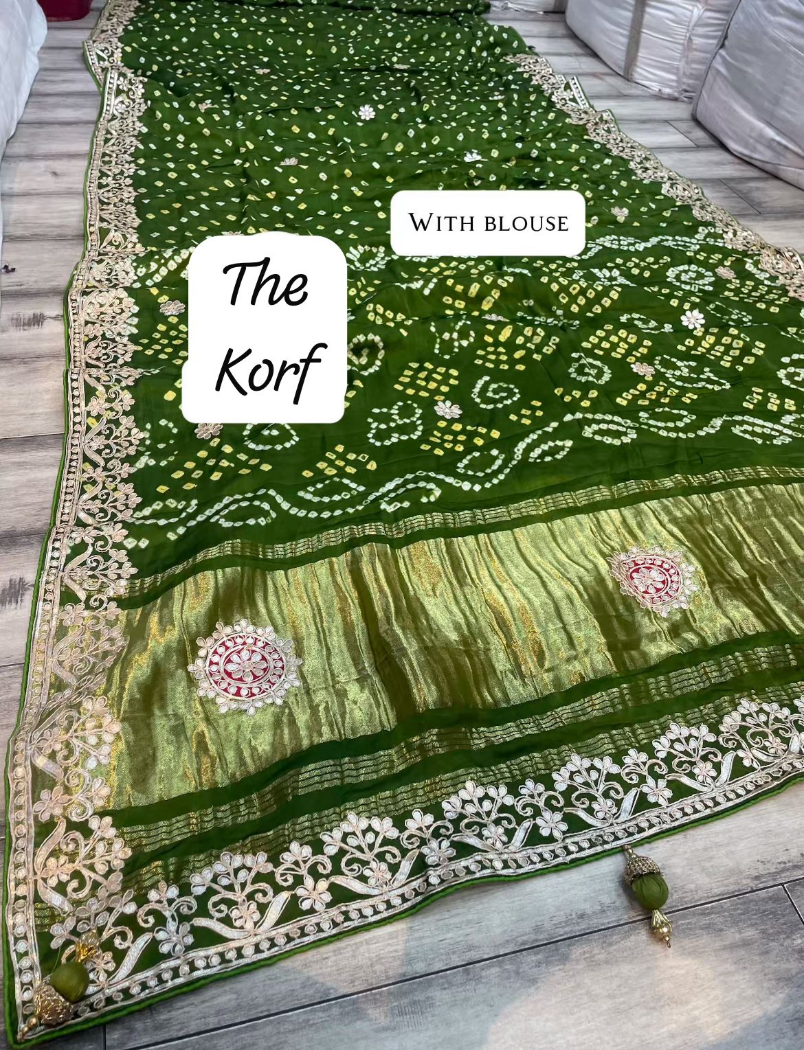 Pure Hand Bandhej Gajji Silk Saree Gota Patti Work With Hand Work Blouse.