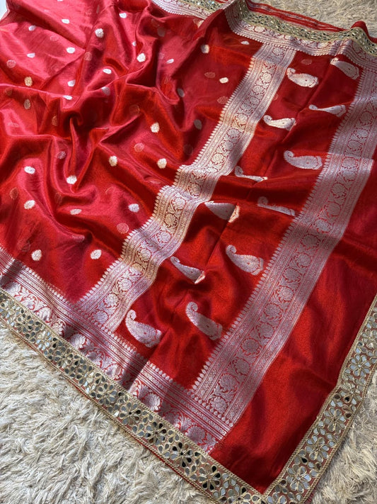 Tissue Silk Saree with Stripe Work and Moti Border