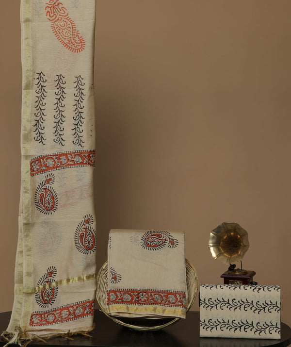 Pure Hand Block Chanderi Silk Unstitched Suit With Chanderi Dupatta