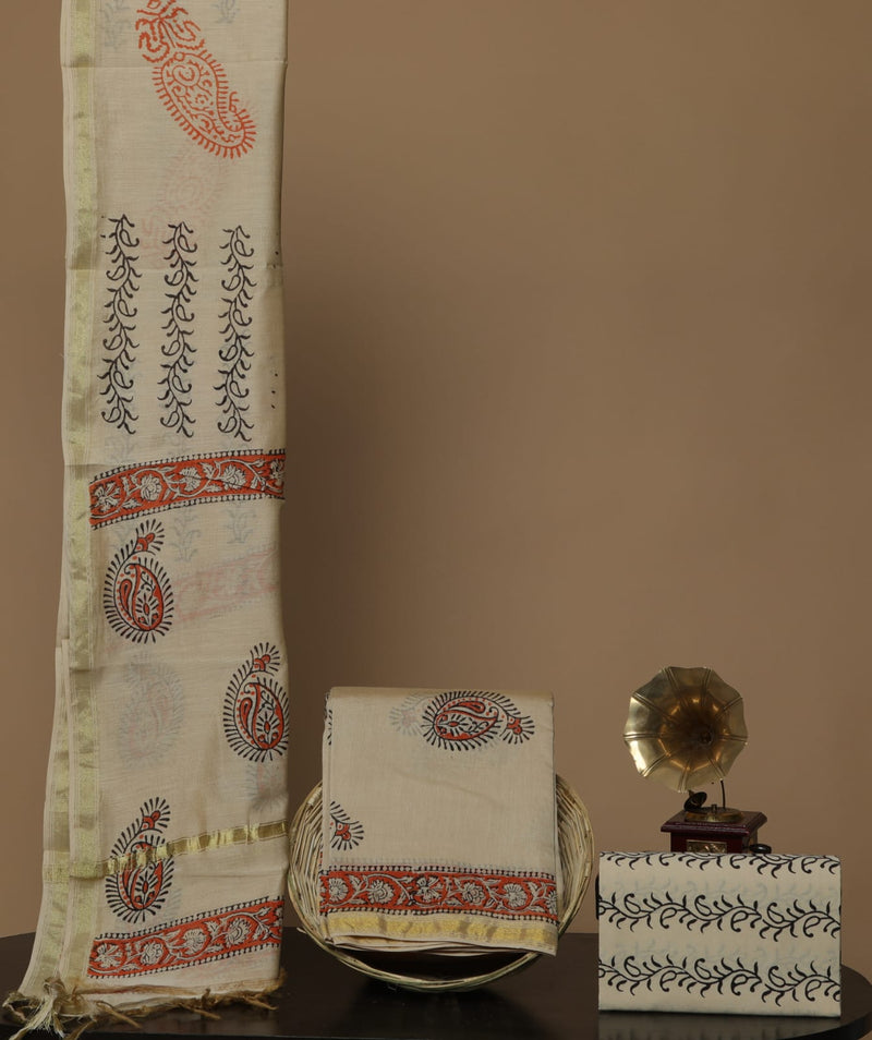 Pure Hand Block Chanderi Silk Unstitched Suit With Chanderi Dupatta