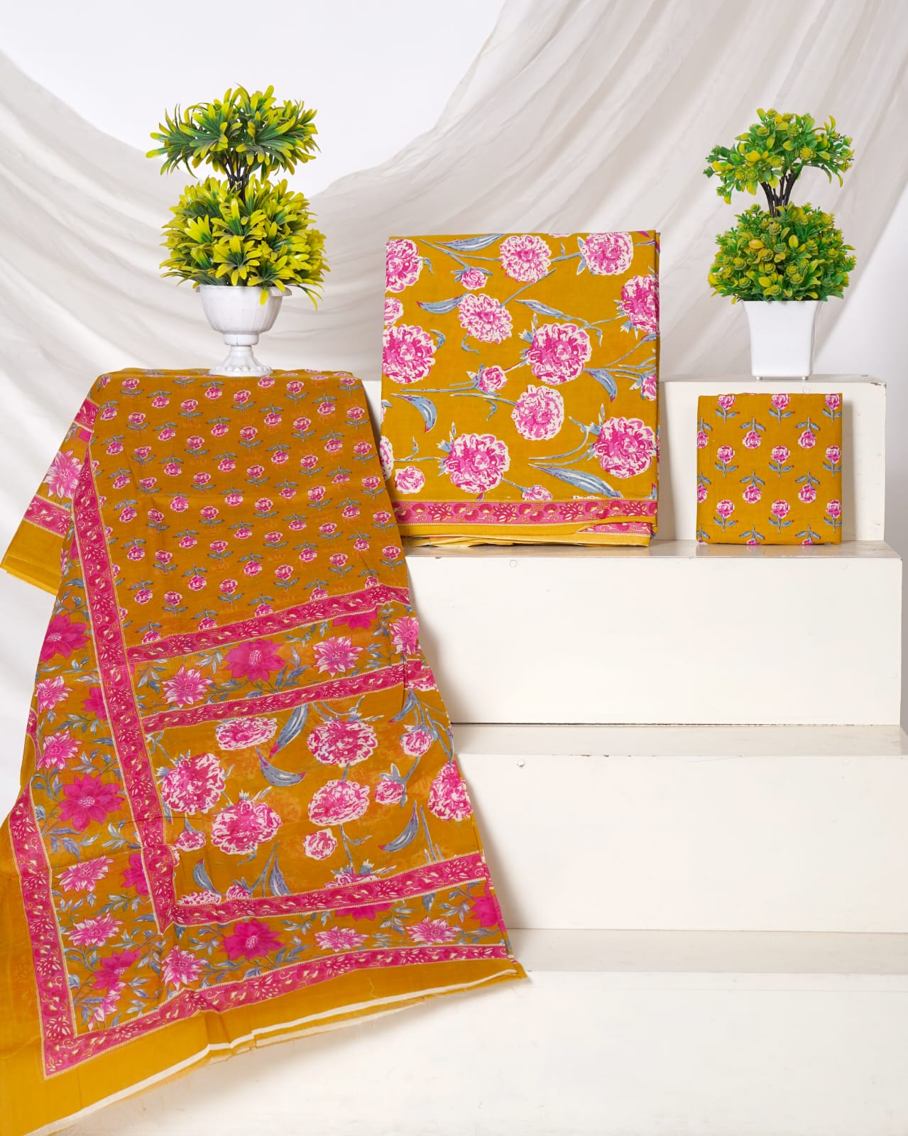 Pure Cotton Jaipuri Hand Block Print Unstitched Suit With Mul Cotton Dupatta.