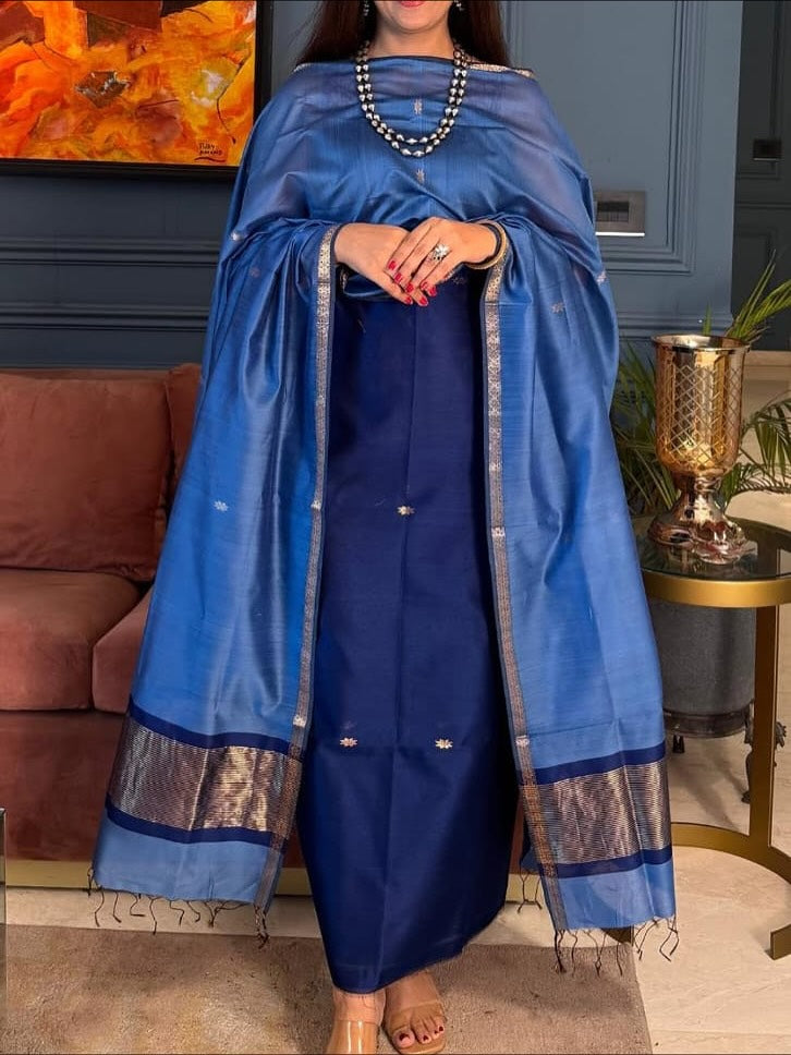 Pure Maheswari Silk Cotton Handwoven Unstitch Suit With  Buti