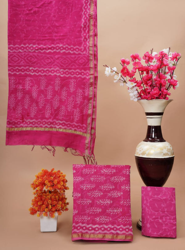 Pure Hand Block Chanderi Silk Unstitched Suit With Chanderi Dupatta