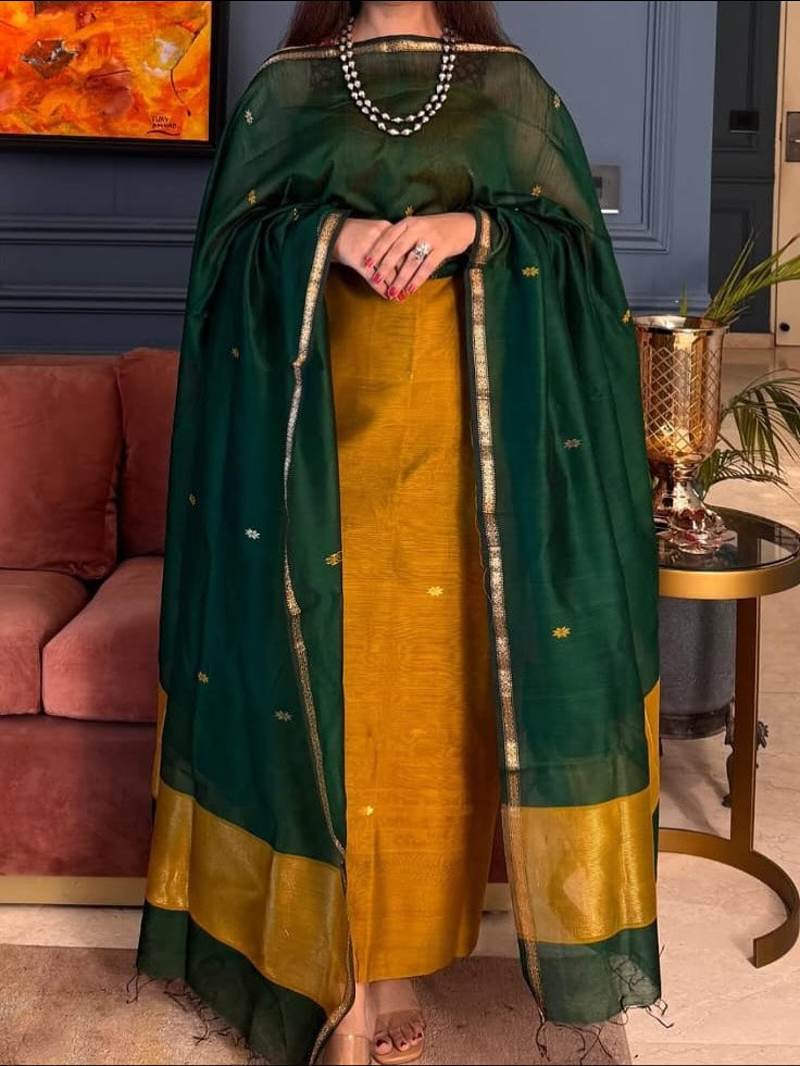 Pure Maheswari Silk Cotton Handwoven Unstitch Suit With  Buti