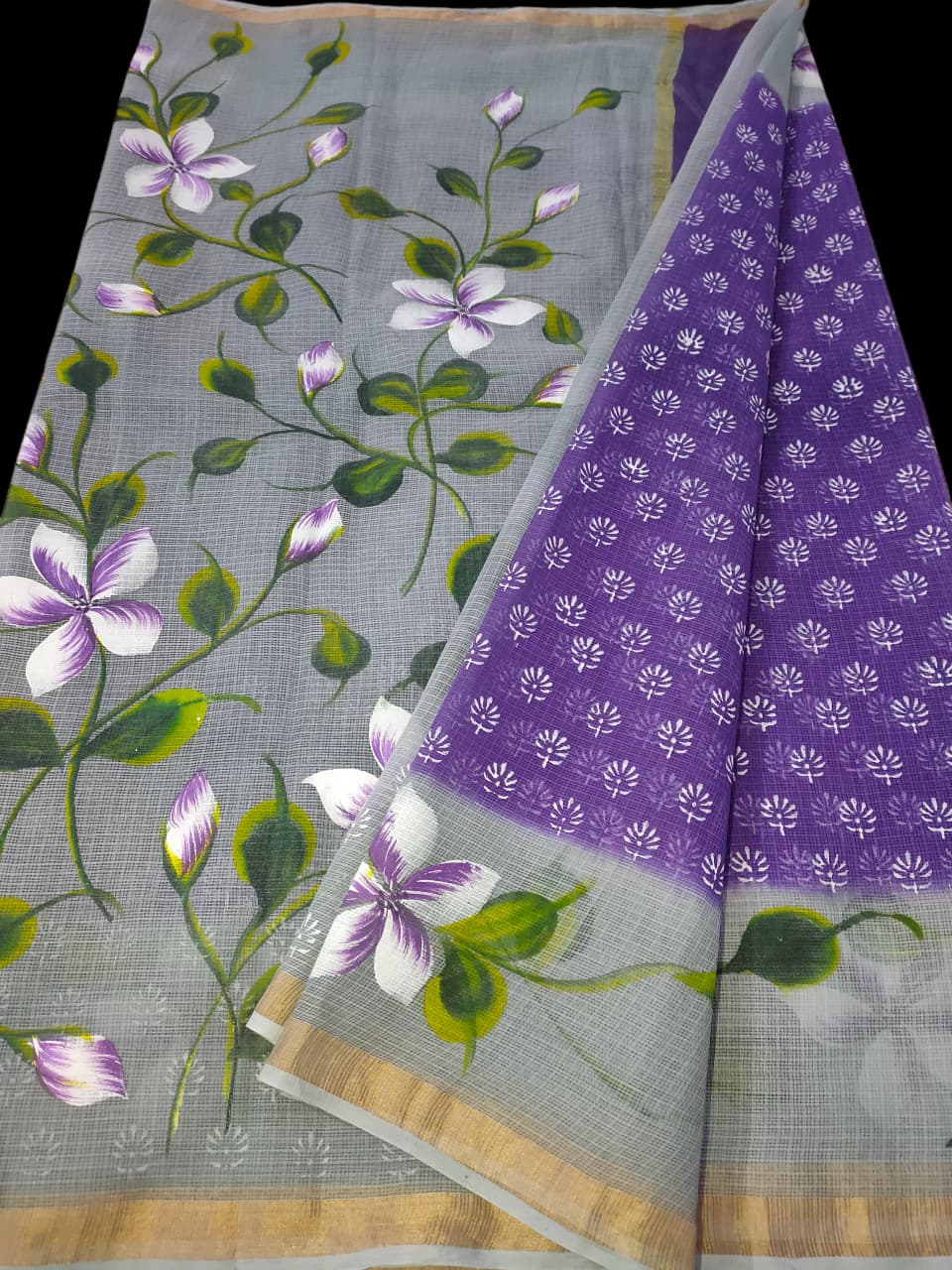 Kota Doria Saree With Hand Bursh Print Work