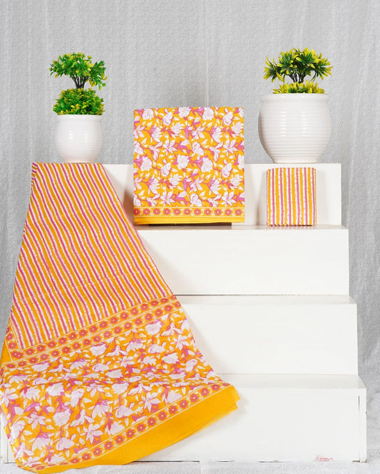 Pure Cotton Hand Block Print Unstitched Suit With Mul Cotton Dupatta.