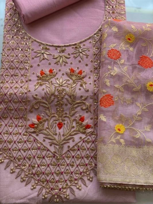 Premium  Chanderi Zardozi Work Unstitched Suit With Banarasi dupatta