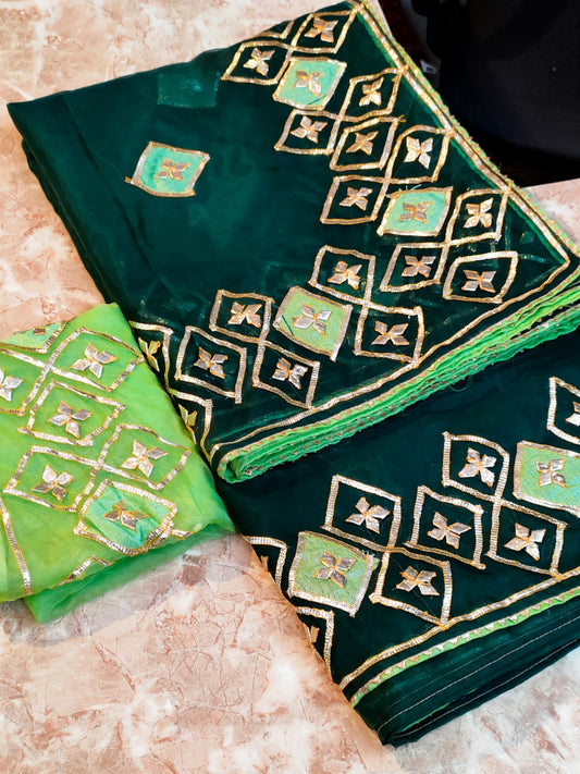 Pure Organza Fabric Saree With Gotta Patti Hand Work With Contrast Blouse