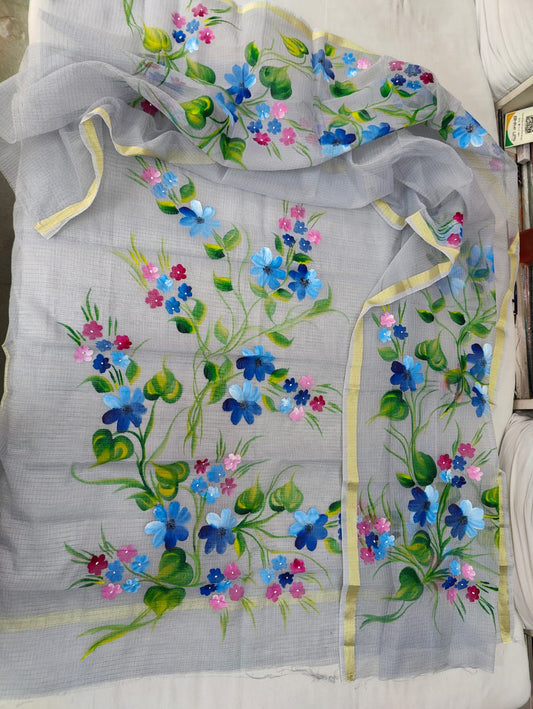 Pure Kota Doriya Hand Brush Print Unstitched Suit With Dupatta & Bottom